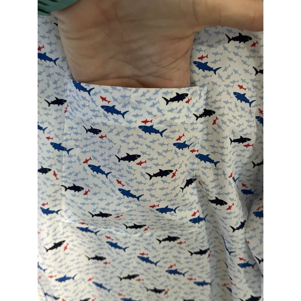 Johnston Murphy Men’s Large Shirt White Blue Geometric Shark Print Short Sleeve - Picture 6 of 11